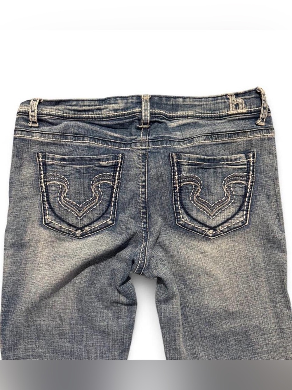Hydraulic Washed Blue Embroidered Back Pocket Boot Cut Jeans